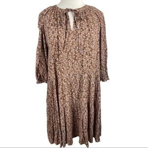 boho floral swing dress earth tone brown cream prairie ditzy floral loose fit L